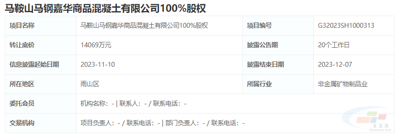 底价14亿元！马鞍山马钢嘉华商品混凝土100%股权挂牌转让